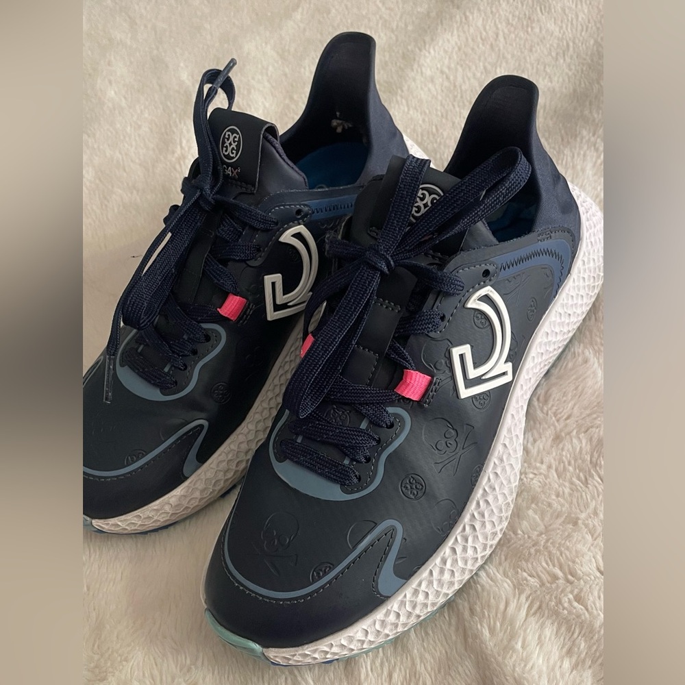 G/FORE Navy Blue & White Golf Sneakers with Pink Accents